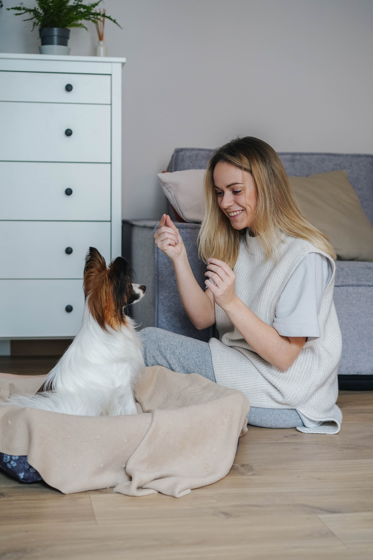 Woman Playing with Dog at Home